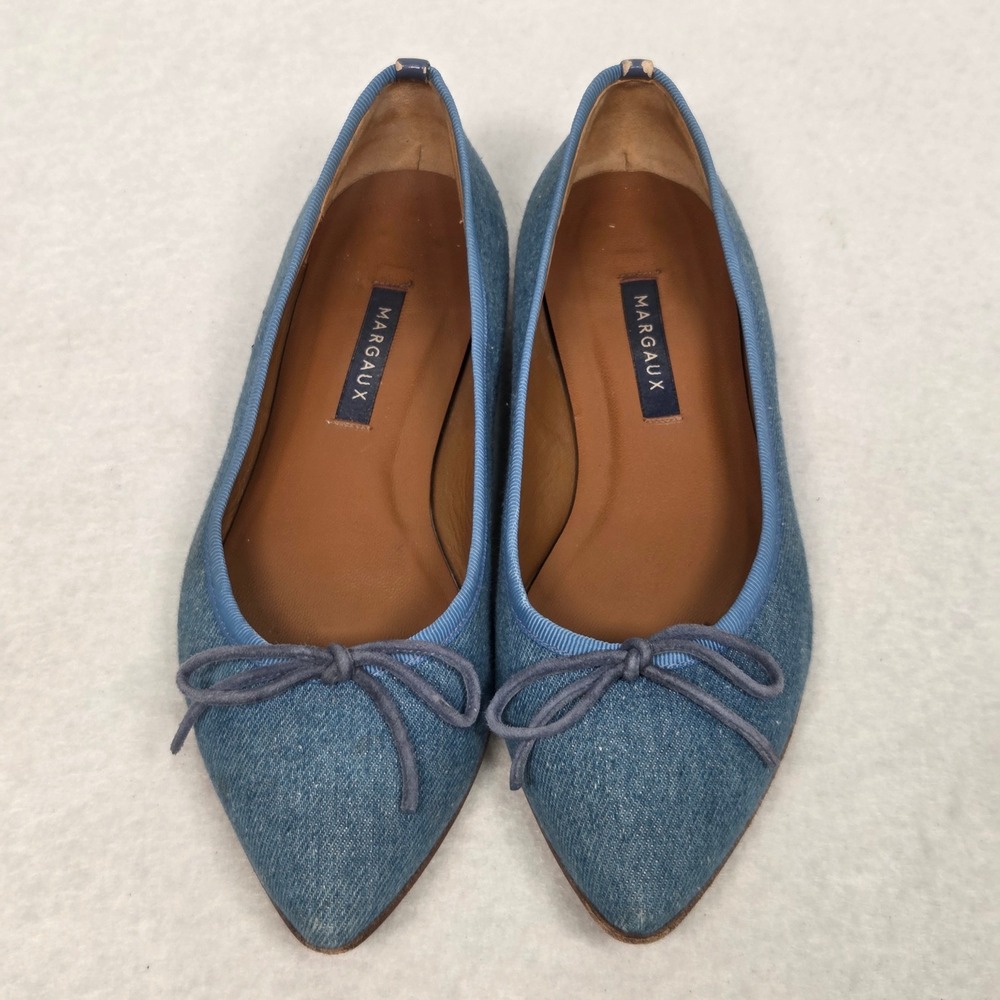 Margaux Ballet Flats Womens 8 Blue Denim Pointed Toe Bow Leather Lined Handmade - Picture 3 of 15